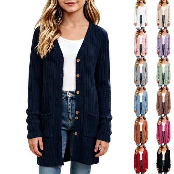 VIPOIN Girls Knit Long Cardigan Sweater, Ribbed Button Down with Side Pockets, Casual Layering Outerwear