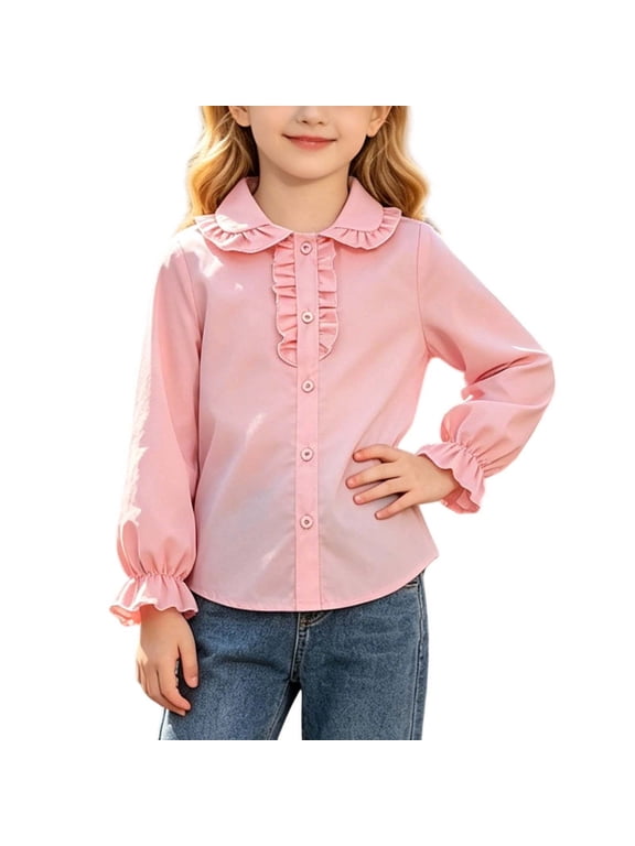 Girls' Long Sleeve Blouse, White Peter Pan Collar Top with Ruffle Front and Puff Sleeves