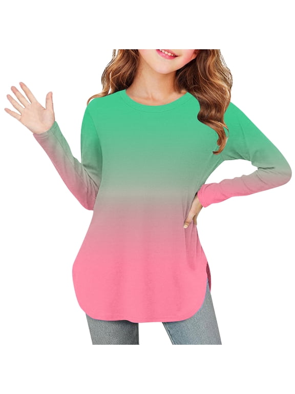 Girls Long Sleeve Tee, Round Neck Soft Casual T-Shirt, Gradient Color Tunic Side Slit Shirt