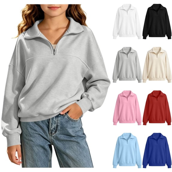 VIPOIN Girls Quarter Zip Pullover Sweatshirt, Loose Drop Shoulder Long Sleeve Top Aged 5-16 Years Old