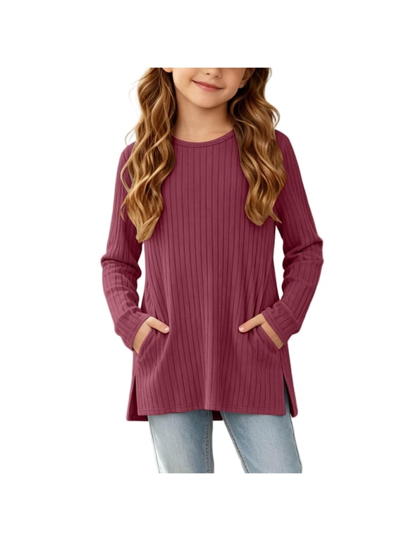 Girls' Ribbed Long Sleeve Tunic Top, Crewneck Soft Knit Shirt with Pockets Side Slits
