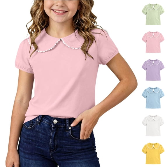 VIPOIN Girls Short Sleeve Peter Pan Collar T-Shirt Scalloped Trim Bubble Sleeve Casual Cotton Tee