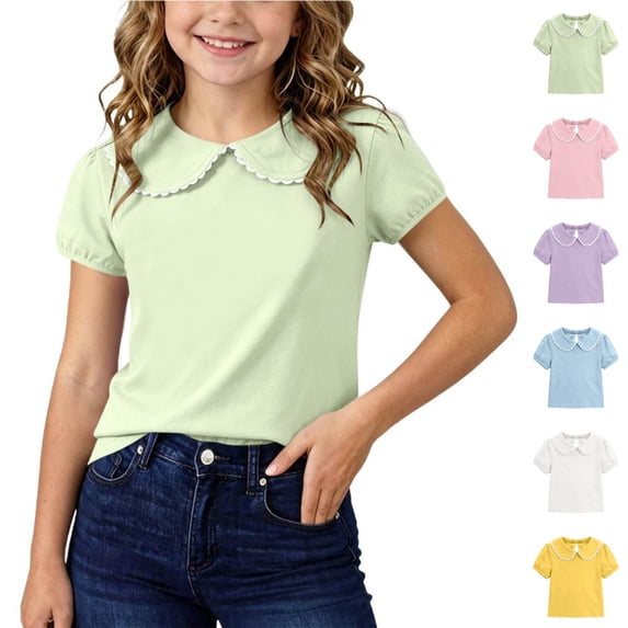 VIPOIN Girls Short Sleeve Peter Pan Collar T-Shirt Scalloped Trim Bubble Sleeve Casual Cotton Tee