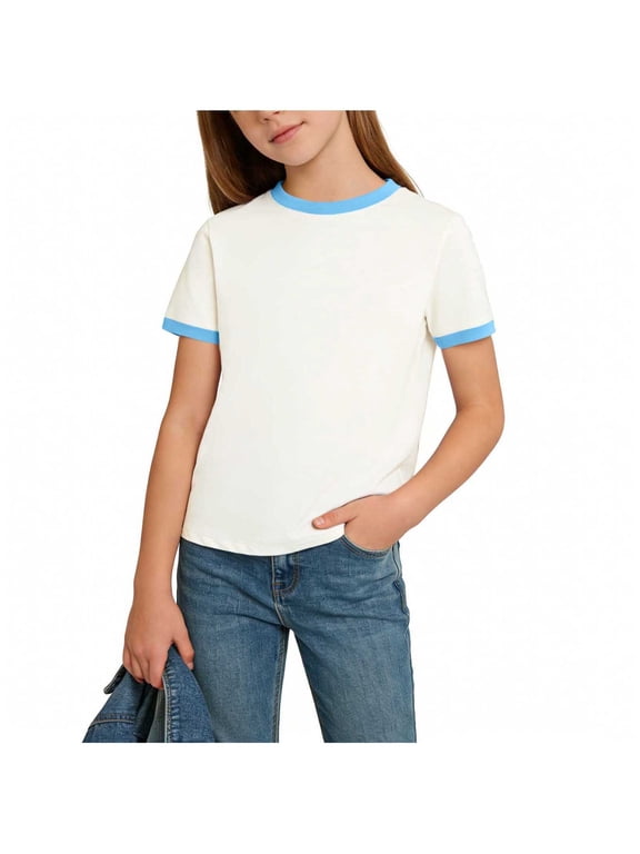 Kids Ringer T-Shirt, Short Sleeve Crew Neck Colored Trim Tee, Comfy Cotton Summer Top
