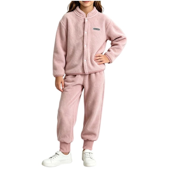 VIPOIN Kids Sherpa Fleece Lounge Set, Stand Collar Jacket & Elastic Cuffed Jogger Pants, Warm Outfit Set