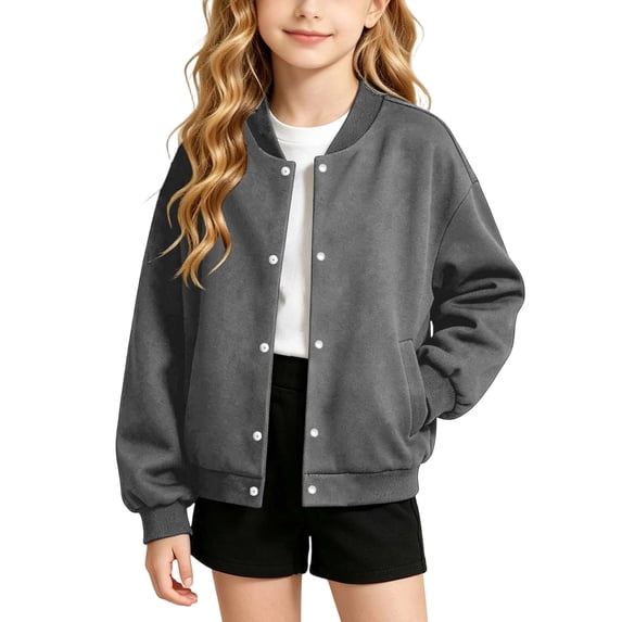 VIPOIN Kids Varsity Jacket, Snap Button Long Sleeve Bomber Coat with Ribbed Collar, Casual Outerwear