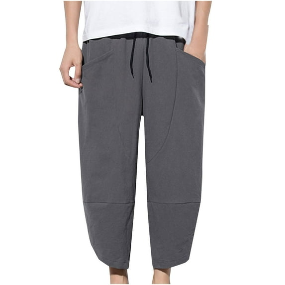 VIPOIN Men's Linen Cotton Capri Pants Loose Fit Elastic Waist Wide Leg Baggy Harem Pants
