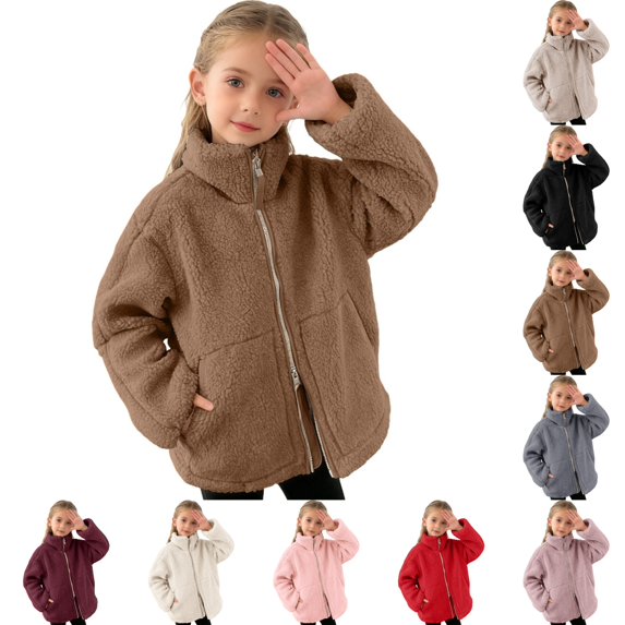 VIPOIN Soft Fleece Zip-Up Jacket for Girls - Warm Plush Winter Sherpa Coat with Patch Pockets
