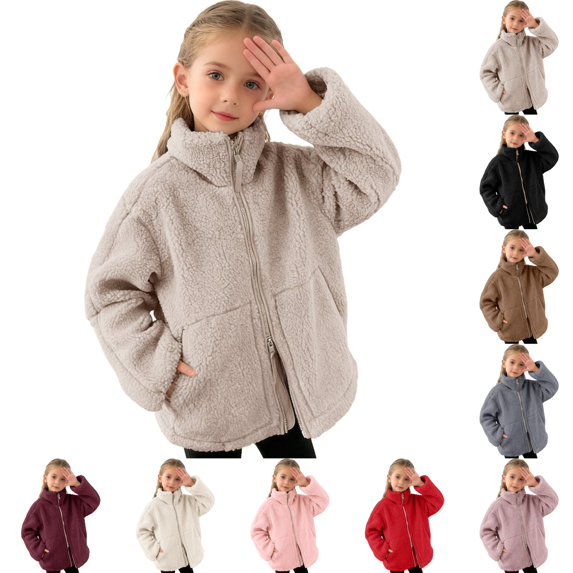 VIPOIN Soft Fleece Zip-Up Jacket for Girls - Warm Plush Winter Sherpa Coat with Patch Pockets