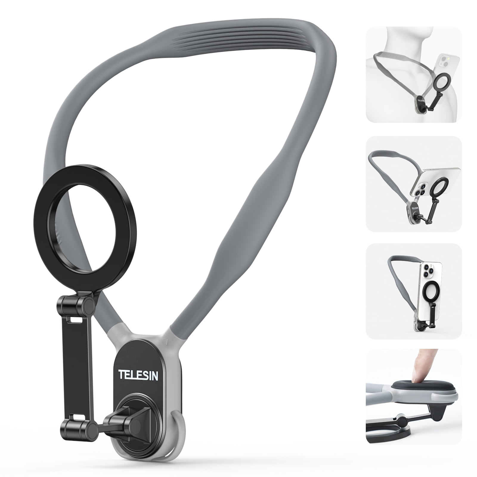 VIPQV Magnetic Neck Mount for Phones, Neck Cell Phone Holder POV/Vlog Selfie Mount Hand Free Phone Neck Holder Chest Stand Strap Video Recording for iPhone Android Phones, Gray