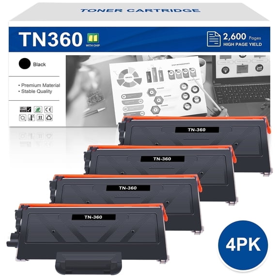 4-Pack TN360 Toner Cartridge High Yield Compatible for Brother TN-360 HL-2140 2150 2150N 2170 2170W DCP-7030 7040 7045N MFC-7320 7340 7345N 7345DN 7440N 7450 7840W Printer Black