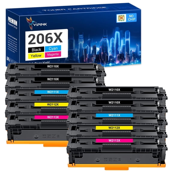VIPink Compatible Toner Cartridge Replacement NO CHIP for HP 206X W2110X W2111X W2113X W2112X High Yield (4 * Black, 2 * Cyan, 2 * Magenta, 2 * Yellow, 10-Pack)