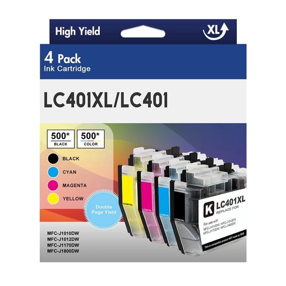 LC401 Ink Cartridge for Brother LC401 LC401XL Ink for Brother MFC-J1010DW MFC-J1012DW MFC-J1170DW Printer (Black Cyan Magenta Yellow, 4 Pack) | LC401 XL High Yield Ink