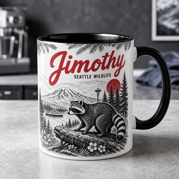 VIRAL FORGE Jimothy Raccoon Mug, Retro Seattle Wildlife Coffee Cup, Pacific Northwest Animal Mug