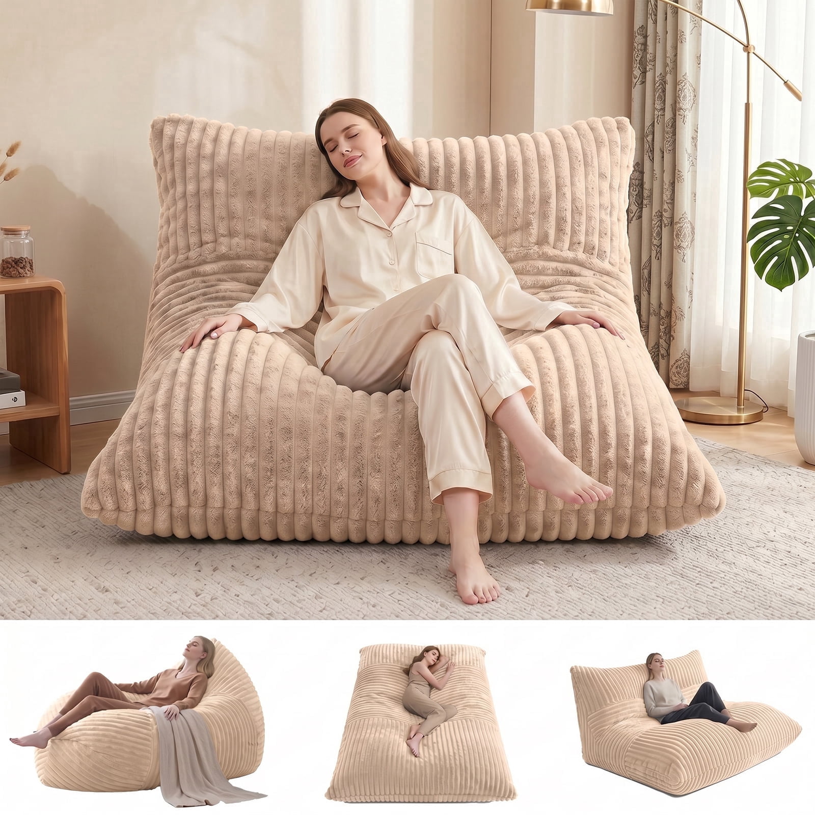 VIREO 3 in 1 Bean Bag Chair Giant Bean Bag Chairs Convertible Bean Bag Floor Cushion with Machine Washable Cover, Beanbag Chairs for Adult (Beige)