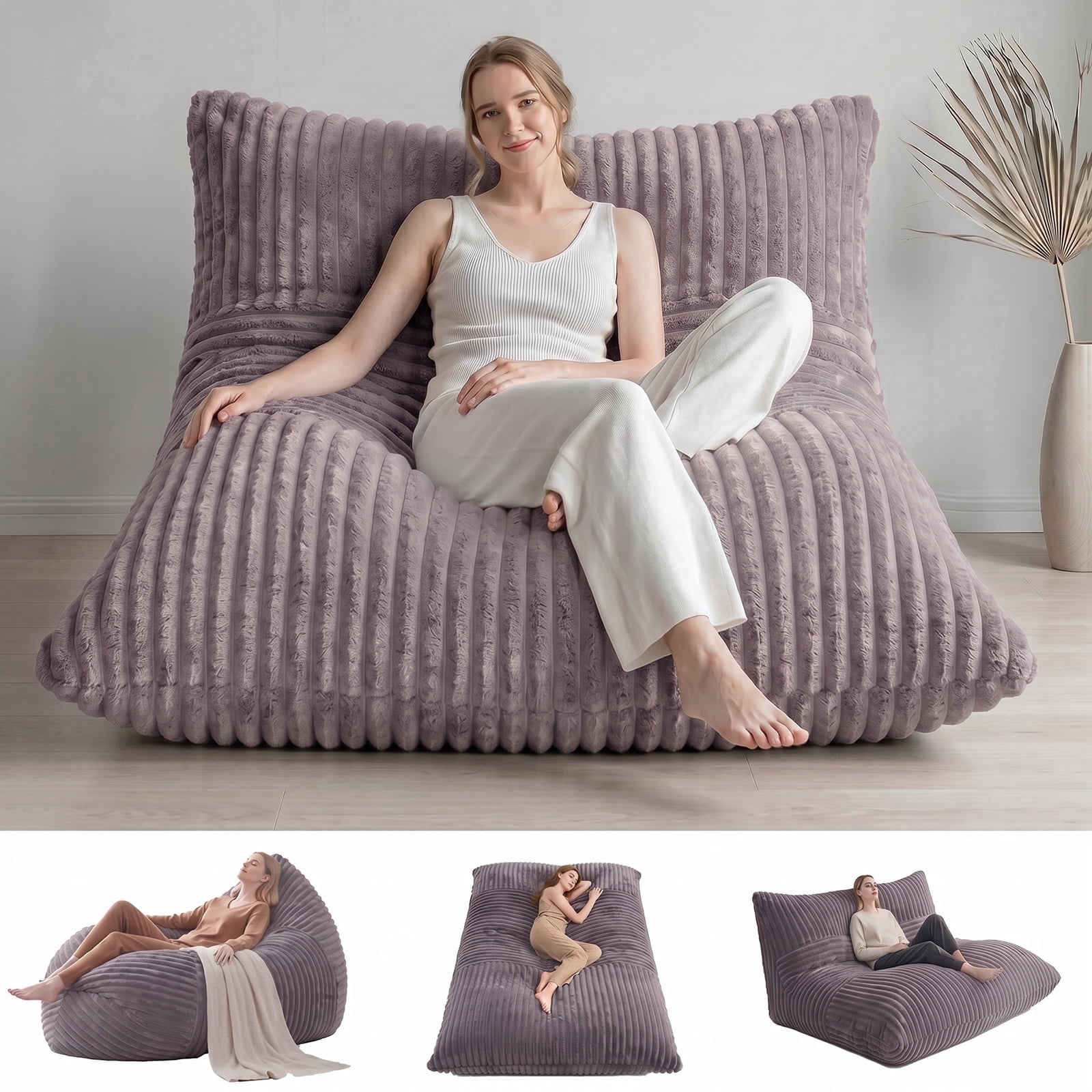 VIREO 3 in 1 Bean Bag Chair Giant Bean Bag Chairs Convertible Bean Bag Floor Cushion with Machine Washable Cover, Beanbag Chairs for Adult (Grey)