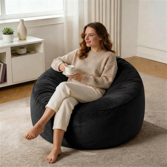 GOSAVI 3FT Bean Bag Chairs for Adults Memory Foam Filler Beanbag Chair with Removable and Washable Flannel Cover, Lazy Chairs for Living Room - Black