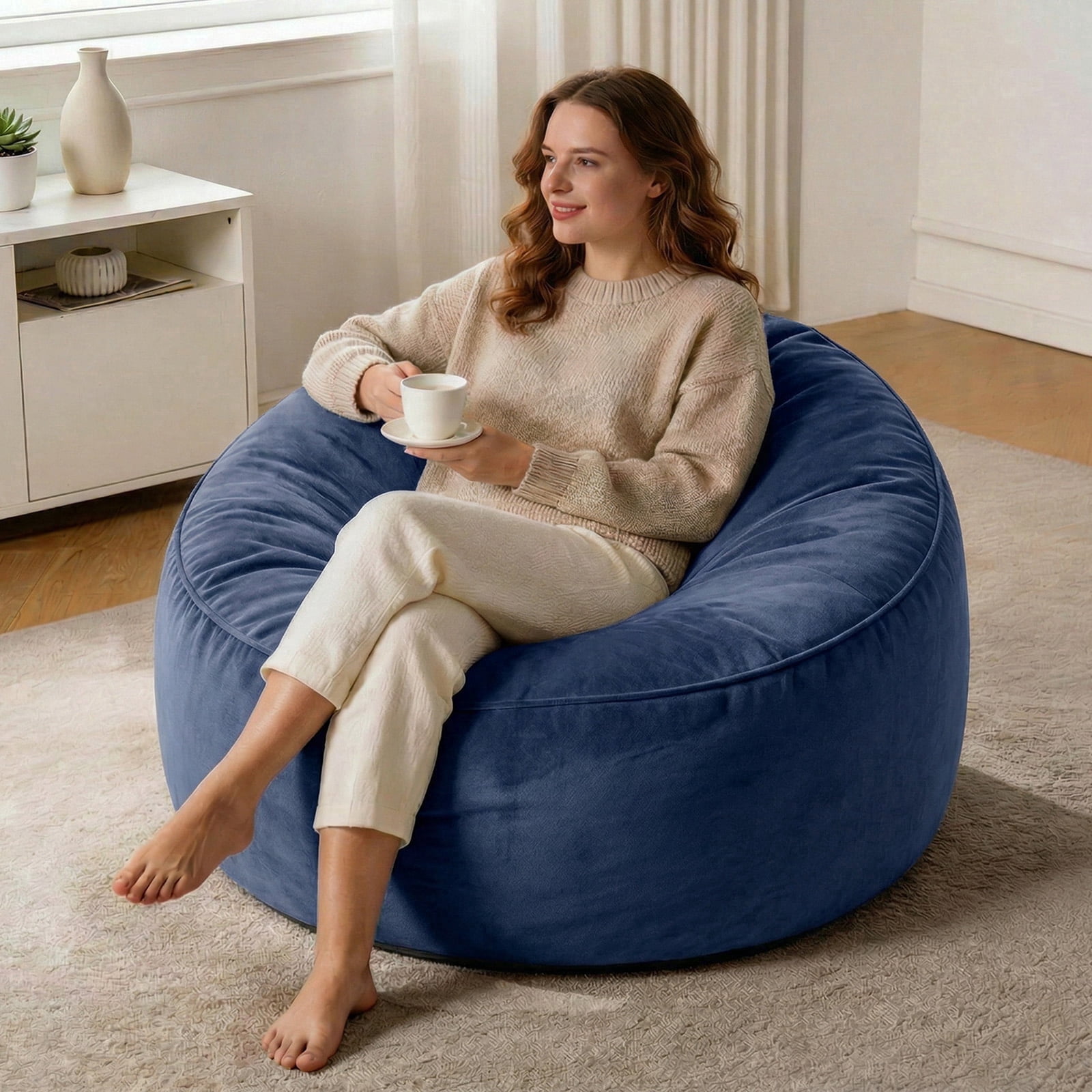 VIREO 3FT Bean Bag Chairs for Adults Memory Foam Filler Beanbag Chair with Removable and Washable Flannel Cover, Lazy Chairs for Living Room - Blue