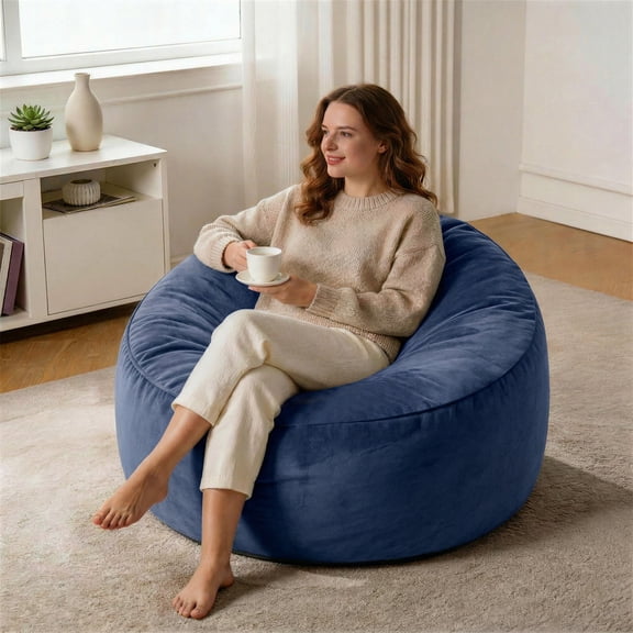 GOSAVI 3FT Bean Bag Chairs for Adults Memory Foam Filler Beanbag Chair with Removable and Washable Flannel Cover, Lazy Chairs for Living Room - Blue
