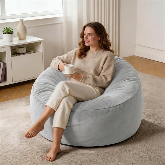 GOSAVI 3FT Bean Bag Chairs for Adults Memory Foam Filler Beanbag Chair with Removable and Washable Flannel Cover, Lazy Chairs for Living Room - Grey