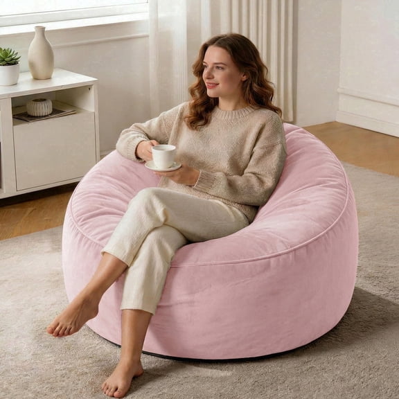 GOSAVI 3FT Bean Bag Chairs for Adults Memory Foam Filler Beanbag Chair with Removable and Washable Flannel Cover, Lazy Chairs for Living Room - Pink