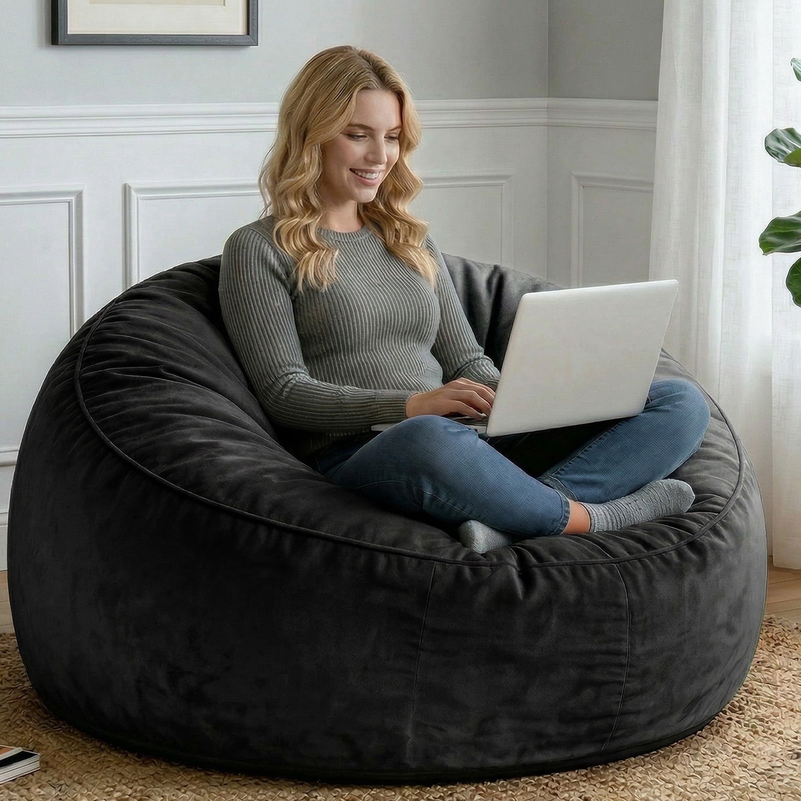 VIREO 4FT Bean Bag Chairs for Adults Memory Foam Filler Beanbag Chair with Removable and Washable Flannel Cover, Lazy Chairs for Living Room - Black
