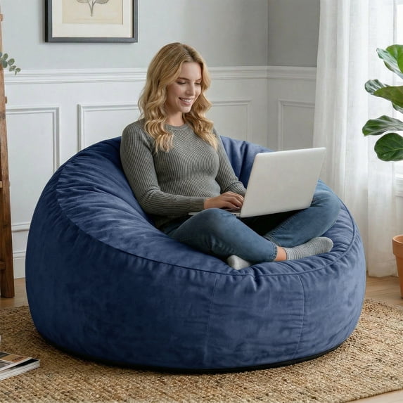 GOSAVI 4FT Bean Bag Chairs for Adults Memory Foam Filler Beanbag Chair with Removable and Washable Flannel Cover, Lazy Chairs for Living Room - Blue