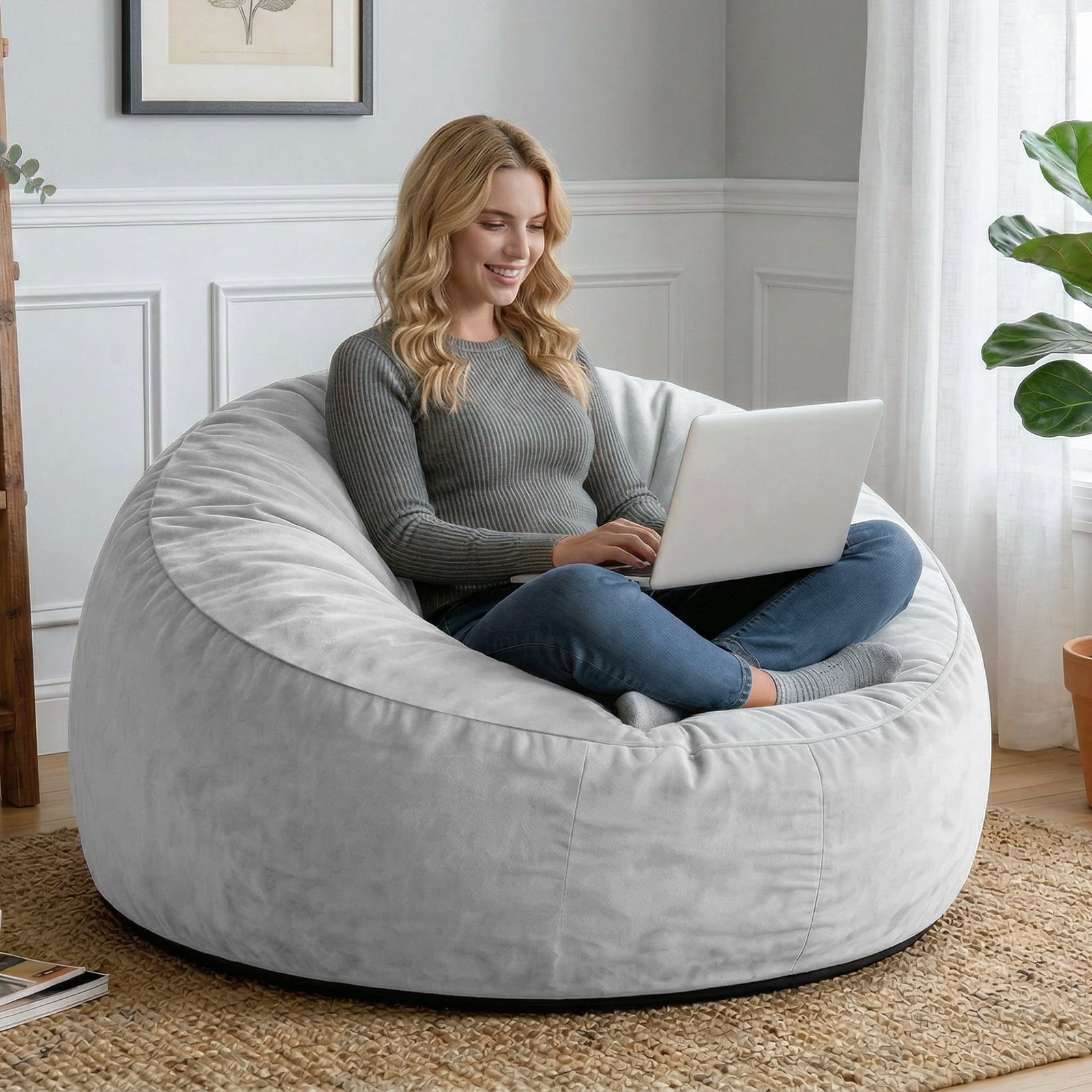 GOSAVI 4FT Bean Bag Chairs for Adults Memory Foam Filler Beanbag Chair with Removable and Washable Flannel Cover, Lazy Chairs for Living Room - Grey