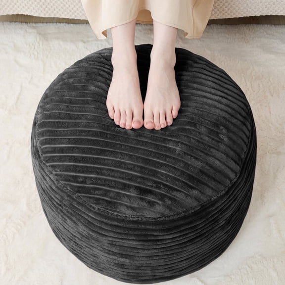 GOSAVI Round Stuffed Pouf Ottoman, Corduroy Poufs with Foam Chunk Filling, Furry and Fluffy Pouf Foot Stool Storage Ottoman, Floor Poufs Foot Rest for Living Room,(Black, 20" W x 20" D x 15" H )