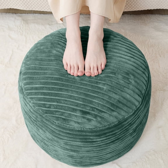 VIREO Round Stuffed Pouf Ottoman, Corduroy Poufs with Foam Chunk Filling, Furry and Fluffy Pouf Foot Stool Storage Ottoman, 20 X 15 Floor Poufs Foot Rest for Living Room,GREEN