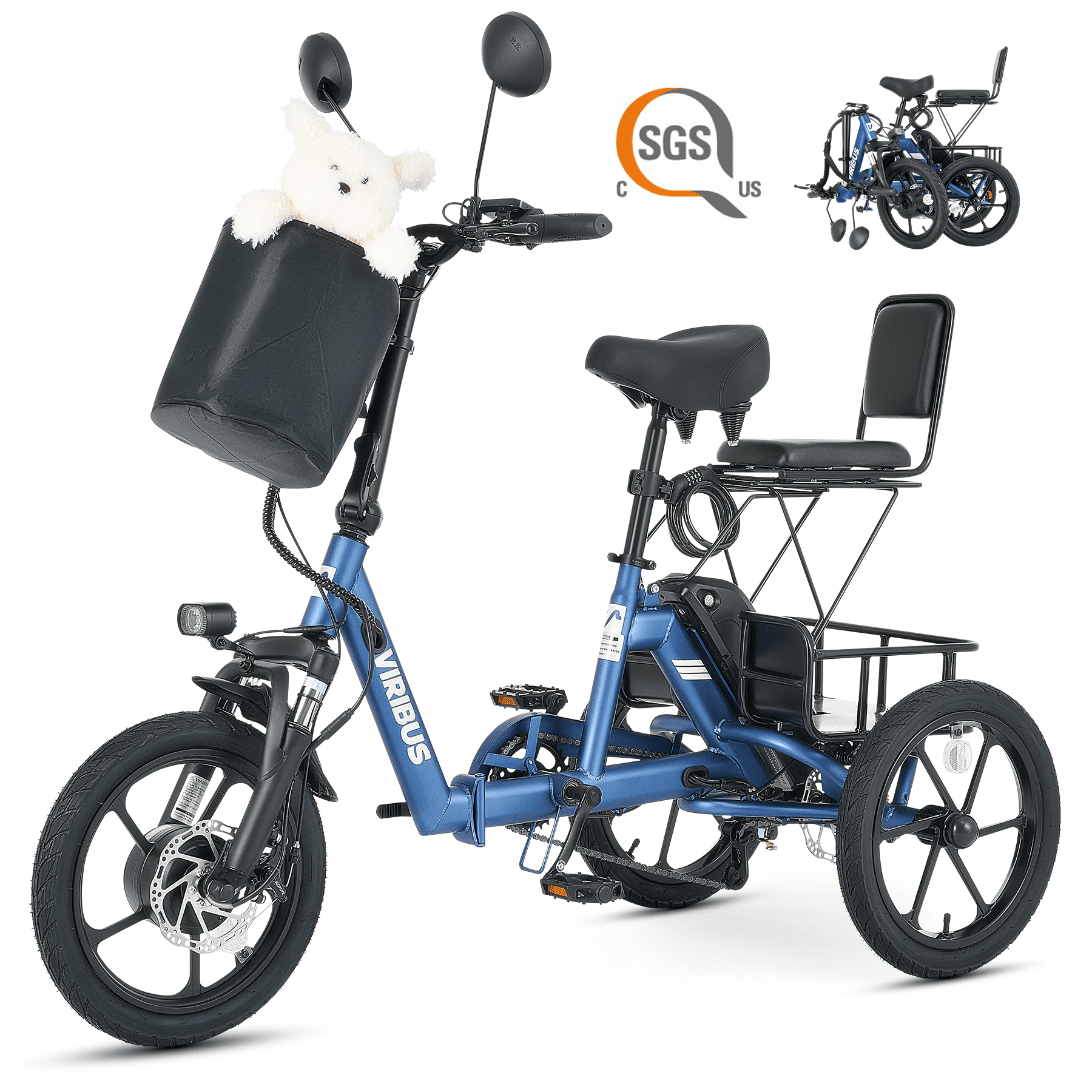 VIRIBUS 16 in. Folding Electric Trike with Dual Seats 350W Motor 48V 10.4Ah Battery Navy