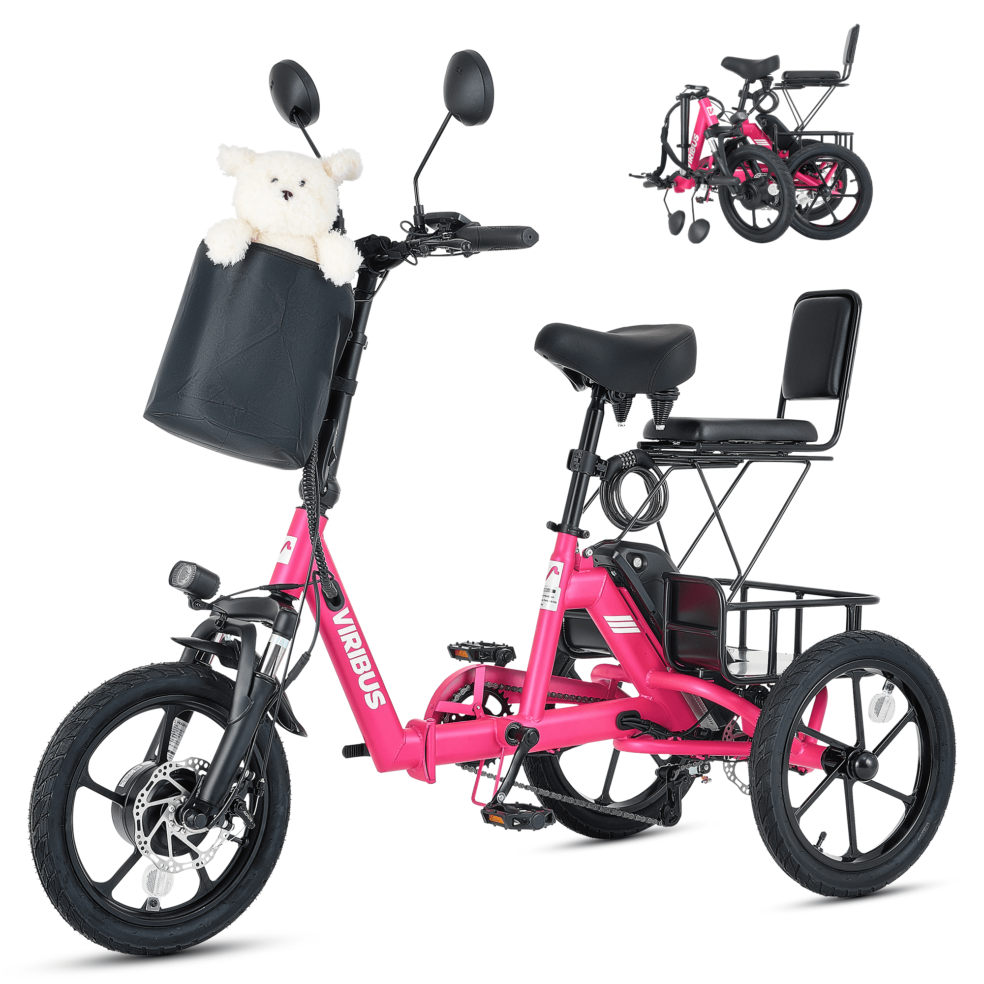 VIRIBUS 16 in. Folding Electric Trike with Dual Seats 350W Motor 48V 10.4Ah Battery Pink