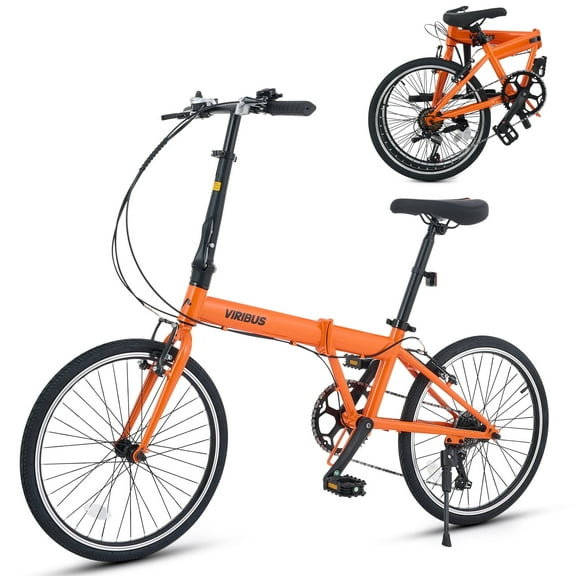VIRIBUS 20" Adult Folding Bike 7 Speed City Commuter Bicycle with Self Locking Latch Coral