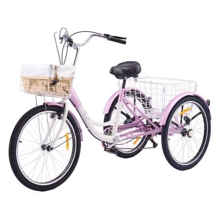 VIRIBUS 24 Inch Adult Trike 7 Speed Bike w Adjustable Seat 2 Baskets Purple White