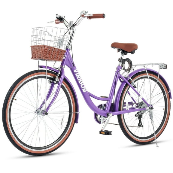 Viribus 24" Women's Cruiser Bike for Adults, 7-Speed Beach & City Bicycle with Basket Rack, Purple
