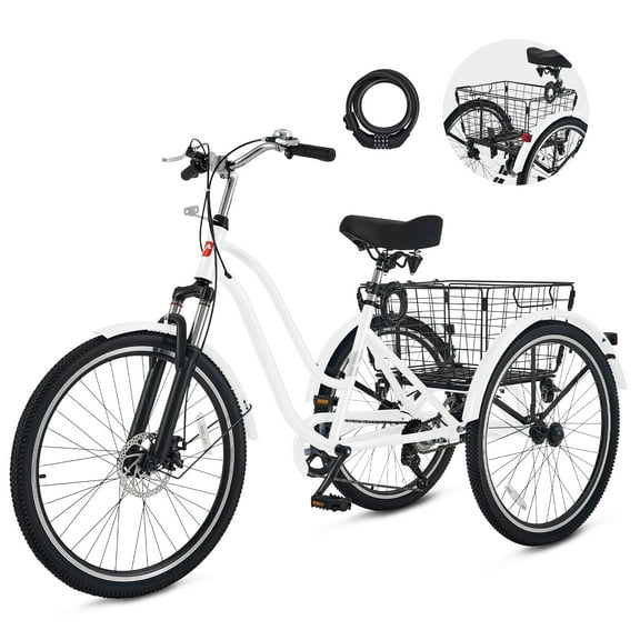 VIRIBUS 26" Adult Tricycle 7 Speed 3 Wheel Bike Adult Trike Dual Chains with Front Suspension White