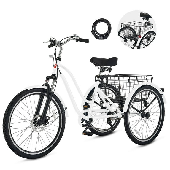 VIRIBUS 26" Adult Tricycle 7 Speed 3 Wheel Bike Adult Trike Dual Chains with Front Suspension White