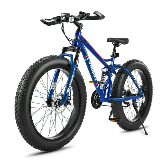 VIRIBUS 26" Fat Tire Mountain Bike Full Suspension Bike with 21 Speeds Disc Brakes Blue