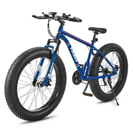 VIRIBUS 26" Fat Tire Mountain Bike with Front Suspension 21 Speeds & Disc Brakes Blue
