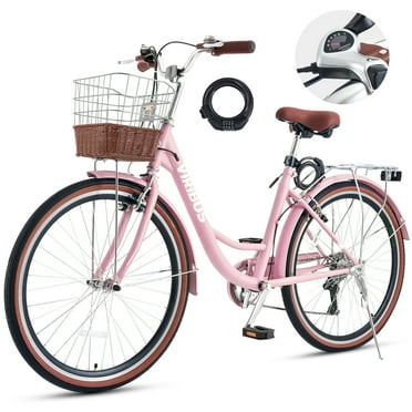Viribus 26" Women's Cruiser Bike for Adults, 7-Speed Beach & City Bicycle with Basket Rack, Rose Pink