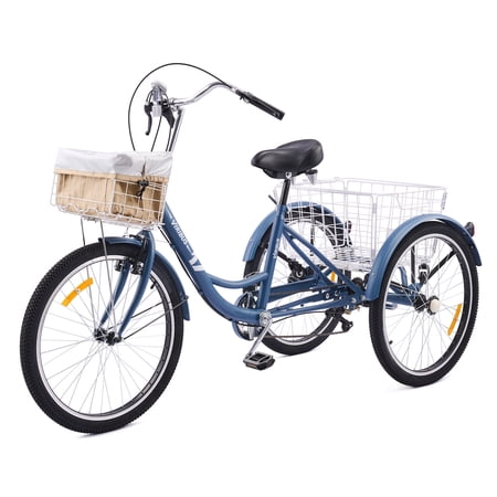 VIRIBUS 7 Speed 24 Inch Tricycle with Flexible Seating and 2 Baskets Matte Blue