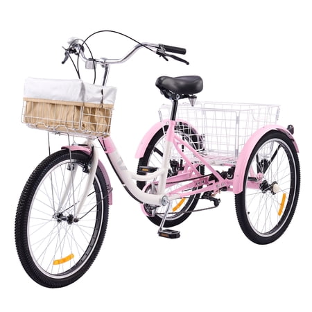 VIRIBUS 7 Speed 24in Tricycle with Flexible Seating & 2 Baskets Pink and White