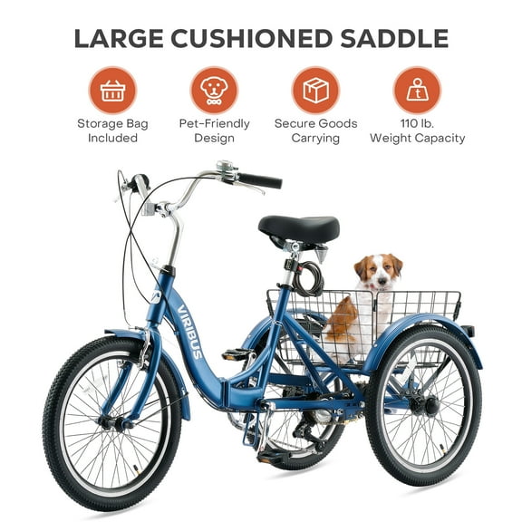 VIRIBUS Folding Adult Tricycle 20in 7 Speed Dual Chain Foldable Trike for Adult Blue