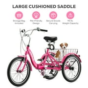 VIRIBUS Folding Adult Tricycle 20in 7 Speed Dual Chain Foldable Trike for Adult Hot Pink