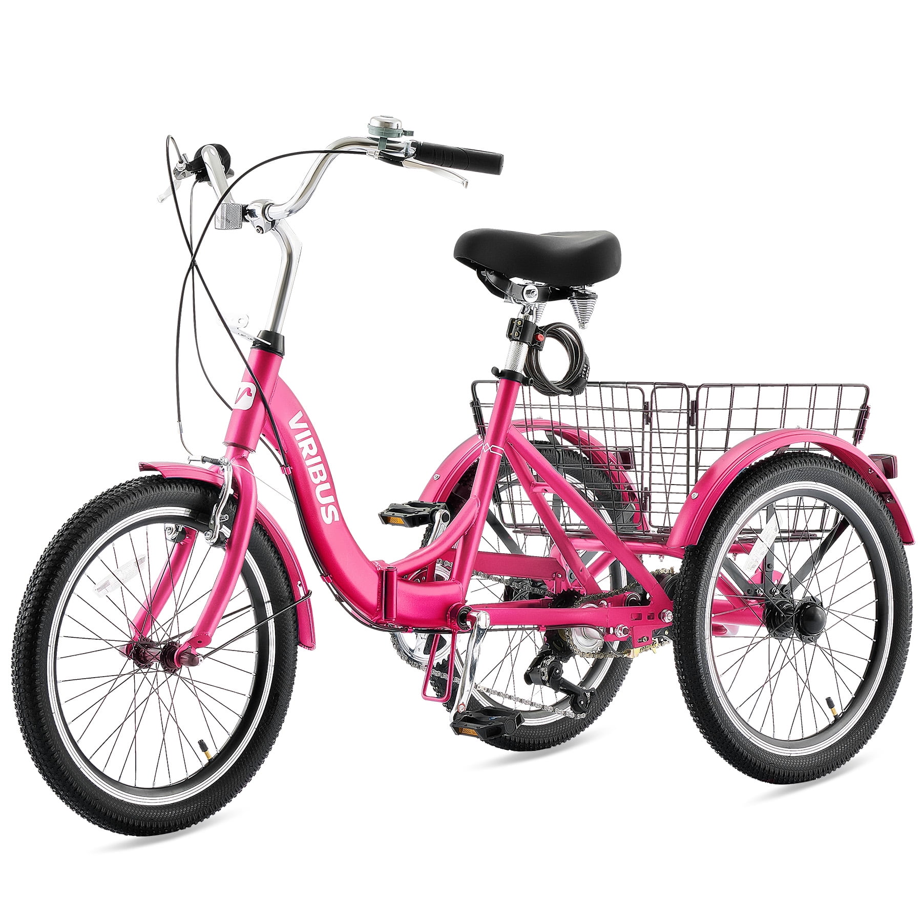 VIRIBUS Folding Carbon Steel Three-Wheel Adult Tricycle 20in 7 Speed Dual Chain Trike Hot Pink