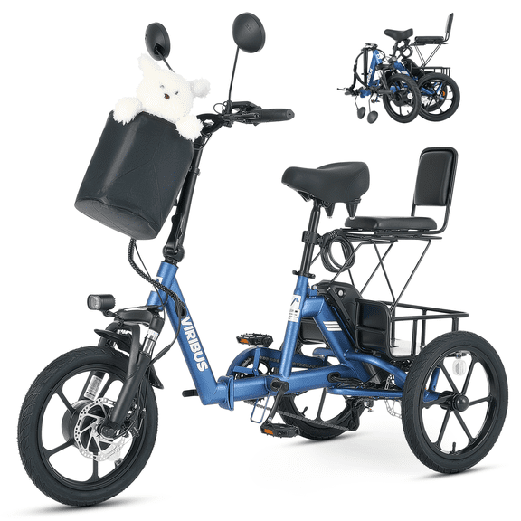 VIRIBUS Folding Electric Tricycle with 2 Seats, 350W 16 in. Foldable Electric Tricycle with Differential Lock UL Certified 48V 10.4Ah Battery, Single-Speed 3 Wheel Electric Bike for Adults Navy Blue