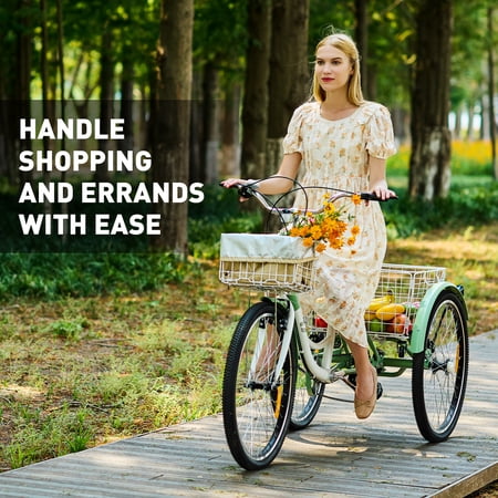 VIRIBUS Tricycle for Adults 26" 7 Speed Cruiser Bike with 2 Baskets Mint & White