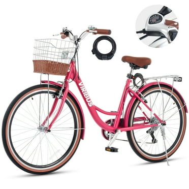 VIRIBUS Women's Bike 24" Beach & City Cruiser Bicycle with 7 Speed Basket Rose Red