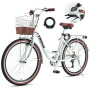 Viribus 24" Women's Cruiser Bike for Adults, 7-Speed Beach & City Bicycle with Basket Rack, White