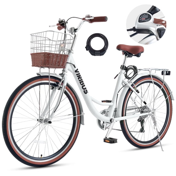 Viribus 24" Women's Cruiser Bike for Adults, 7-Speed Beach & City Bicycle with Basket Rack, White